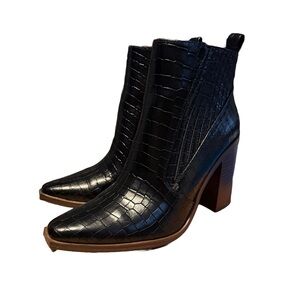 Black Croc-Embossed Ankle Boots